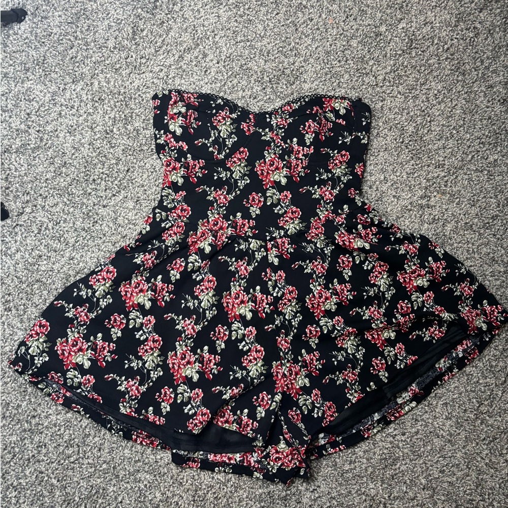 Windsor Black Floral Strapless Mini Dress with Red Roses